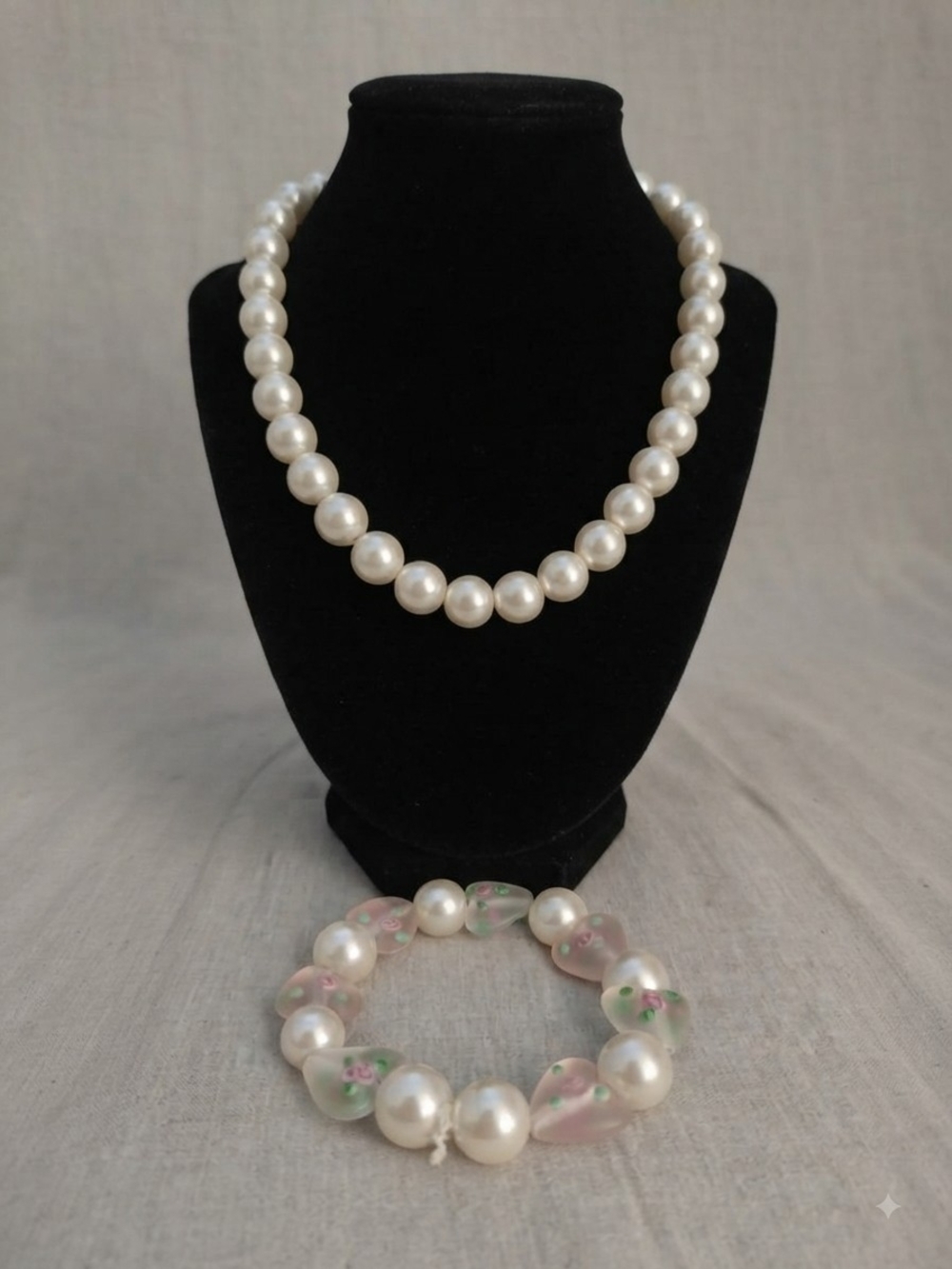 Faux Pearl Necklace & Glass Bead Heart Bracelet Set